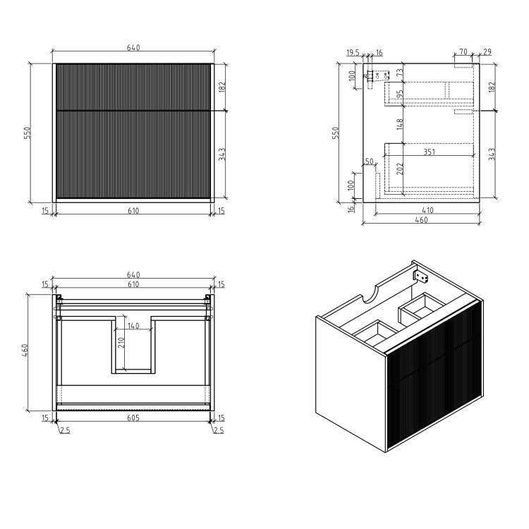 650mm Black Wooden Fluted Wall Hung Countertop Vanity Unit with Square Basin - Matira