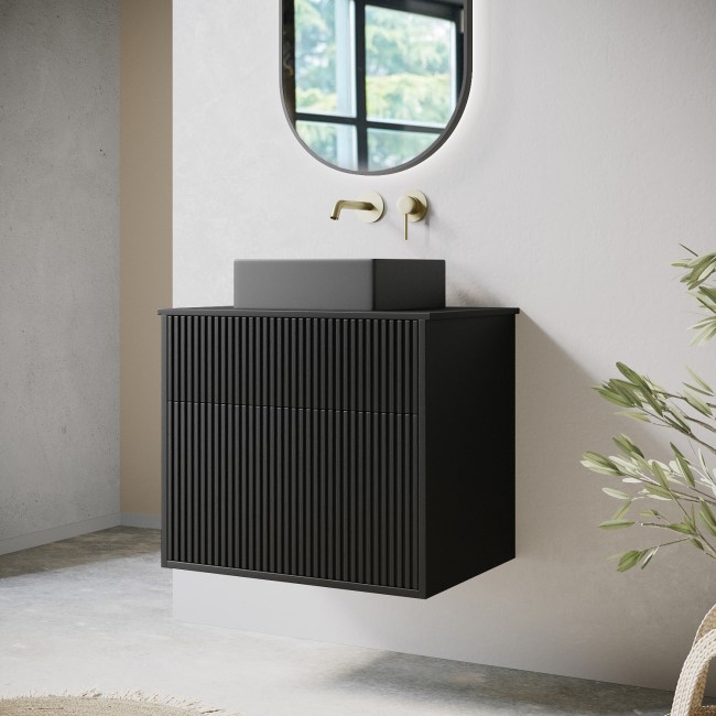 650mm Black Wooden Fluted Wall Hung Countertop Vanity Unit with Black Square Basin - Matira