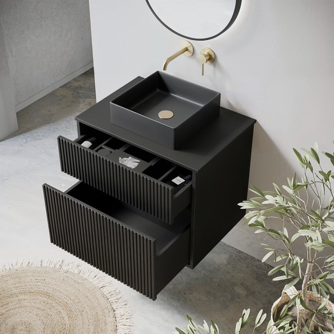 650mm Black Wooden Fluted Wall Hung Countertop Vanity Unit with Black Square Basin - Matira