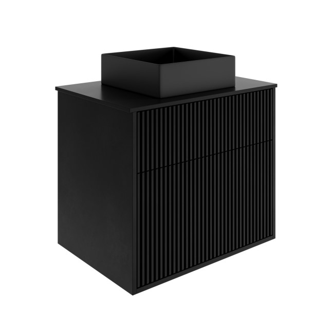 650mm Black Wooden Fluted Wall Hung Countertop Vanity Unit with Black Square Basin - Matira