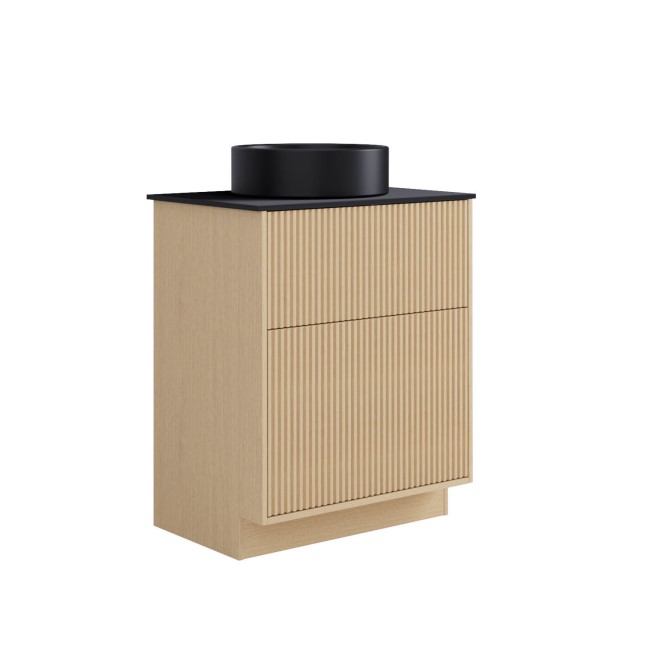 650mm Fluted Freestanding Wooden Countertop Vanity Unit with Black Worktop and Round Basin -Matira