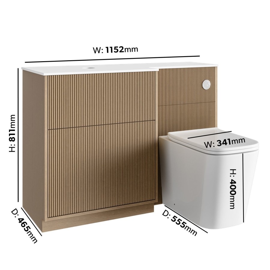 1150mm Wooden Fluted Left Hand Toilet and Sink Unit with Square Toilet and Chrome Fittings - Matira