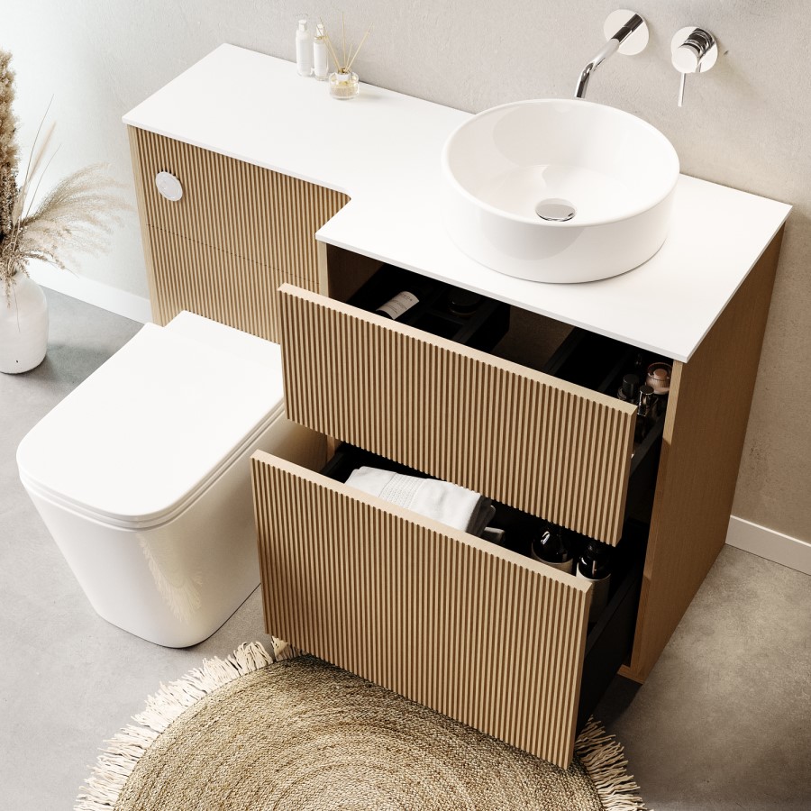 1150mm Wooden Fluted Right Hand Toilet and Sink Unit with Square Toilet & Basin and Chrome Push Button - Matira