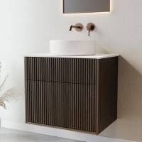 650mm Walnut Wood Effect Fluted Wall Hung Countertop Vanity Unit with Basin – Matira
