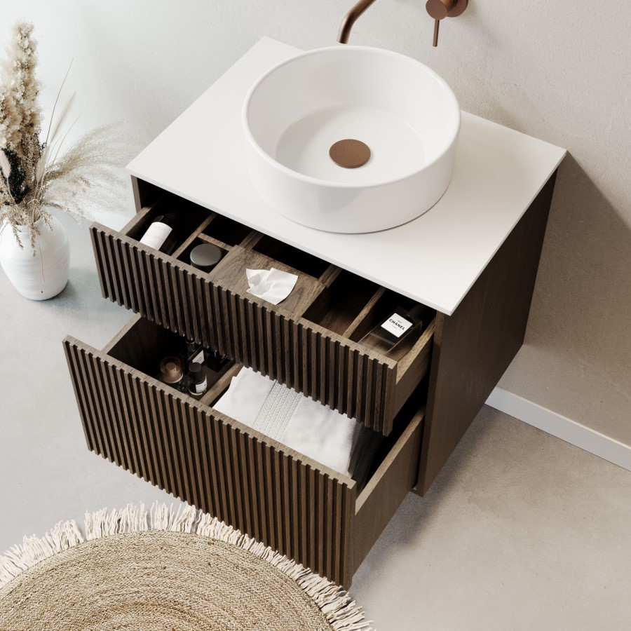 650mm Walnut Wood Effect Fluted Wall Hung Countertop Vanity Unit with Basin – Matira