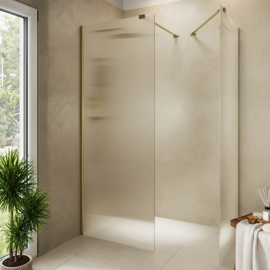 1400x900mm Brushed Brass Ribbed / Fluted Glass Double Shower Screen for Wet Room & Walk In Shower - Matira