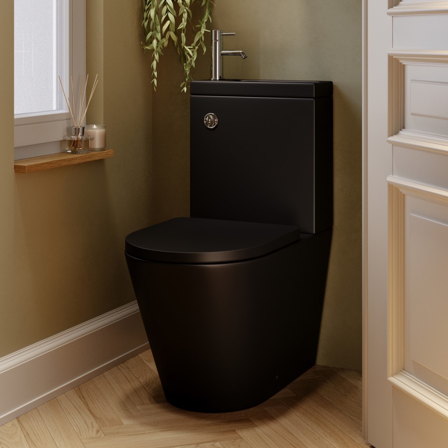 Matt Black Close Coupled Closed Back Toilet with Chrome Fittings & Sink on Top - Legend