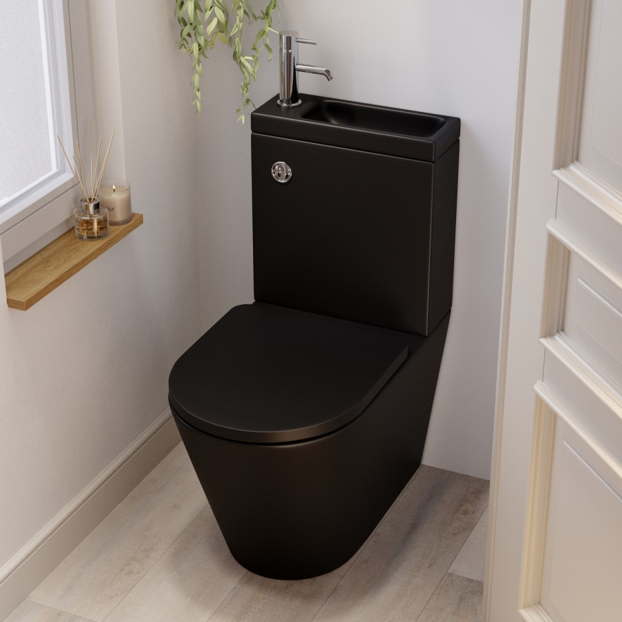 Matt Black Close Coupled Closed Back Toilet with Chrome Fittings & Sink on Top - Legend