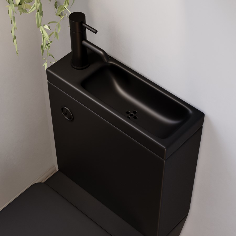 Matt Black Close Coupled Closed Back Toilet with Black Fittings & Sink on Top - Legend