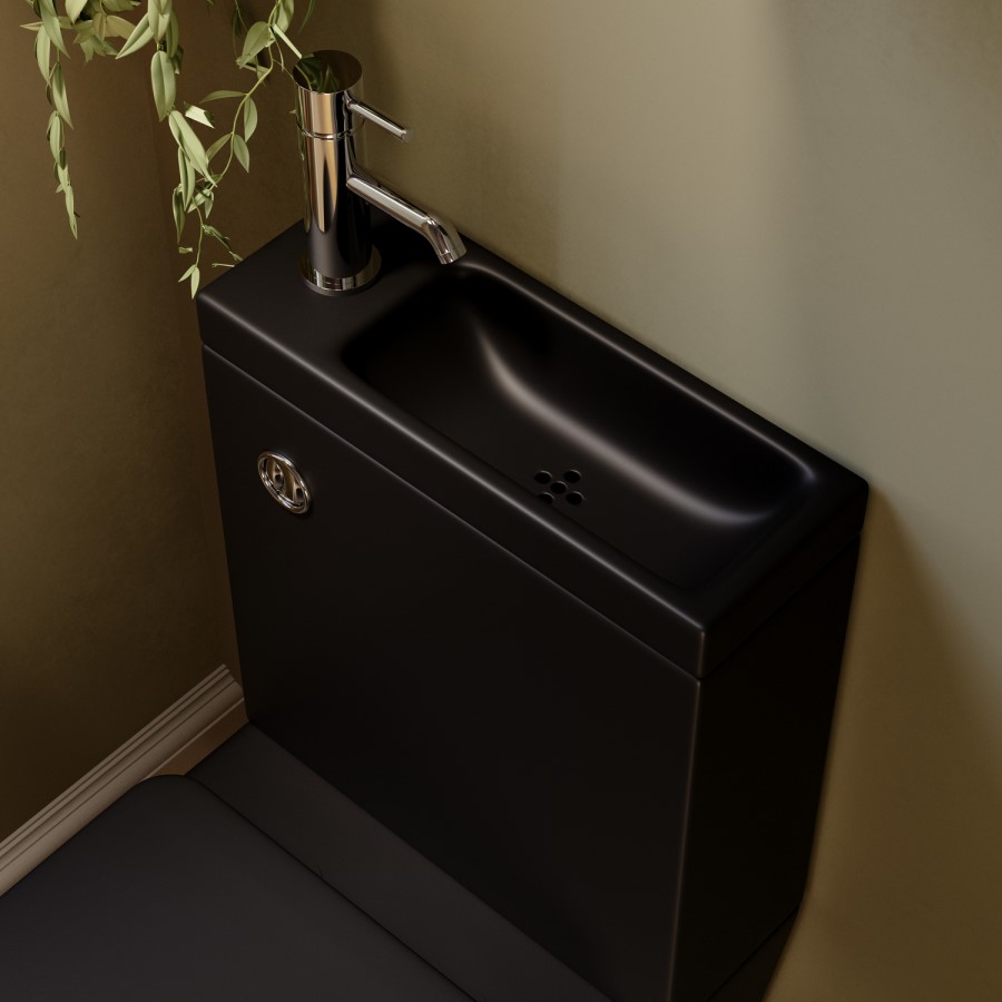 Matt Black Close Coupled Closed Back Toilet with Chrome Fittings & Sink on Top - Legend