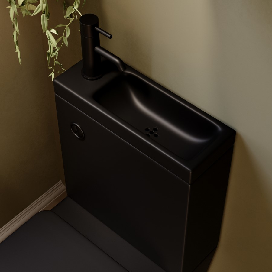 Matt Black Close Coupled Closed Back Toilet with Sink on Top & Black Fittings Cloakroom Suite - Legend