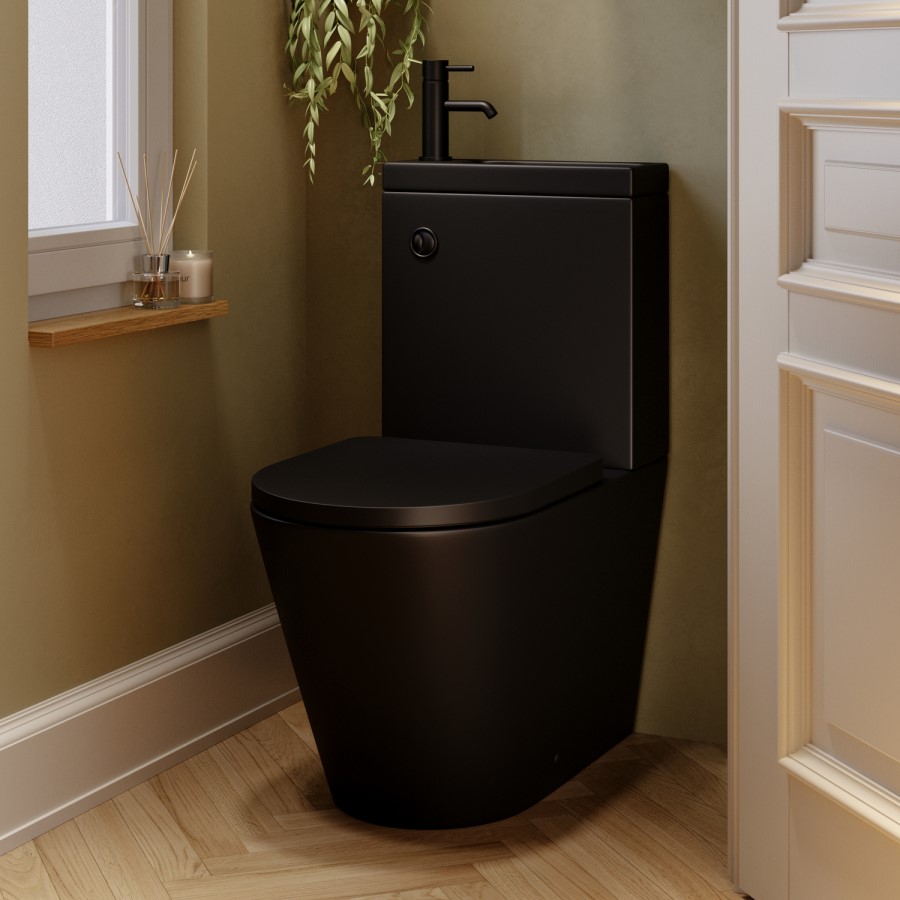 Matt Black Close Coupled Closed Back Toilet with Sink on Top & Black Fittings Cloakroom Suite - Legend