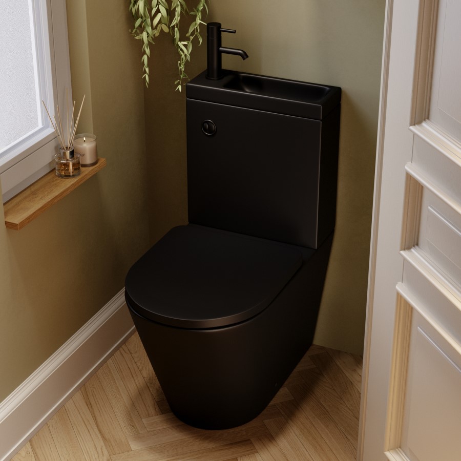 Matt Black Close Coupled Closed Back Toilet with Sink on Top & Black Fittings Cloakroom Suite - Legend