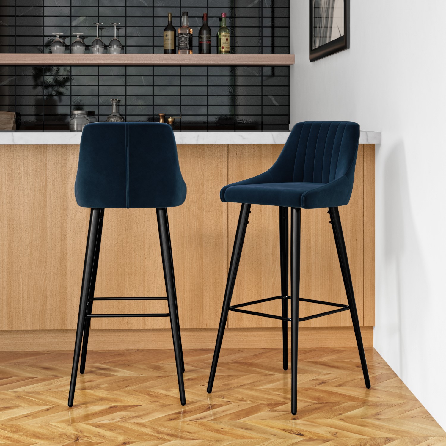 Set of 2 Navy Blue Velvet Bar Stools with Backs - Macie - Furniture123