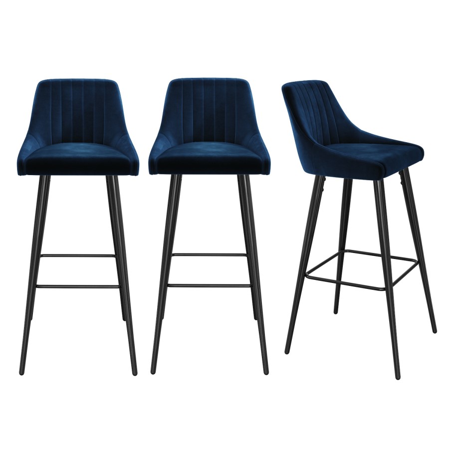 Set of 3 Navy Blue Velvet Bar Stools with Backs - Macie