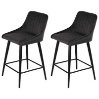Set of 2 Charcoal Velvet Kitchen Stools with Backs - Macie