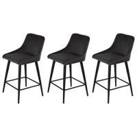 Set of 3 Charcoal Velvet Kitchen Stools with Backs - Macie