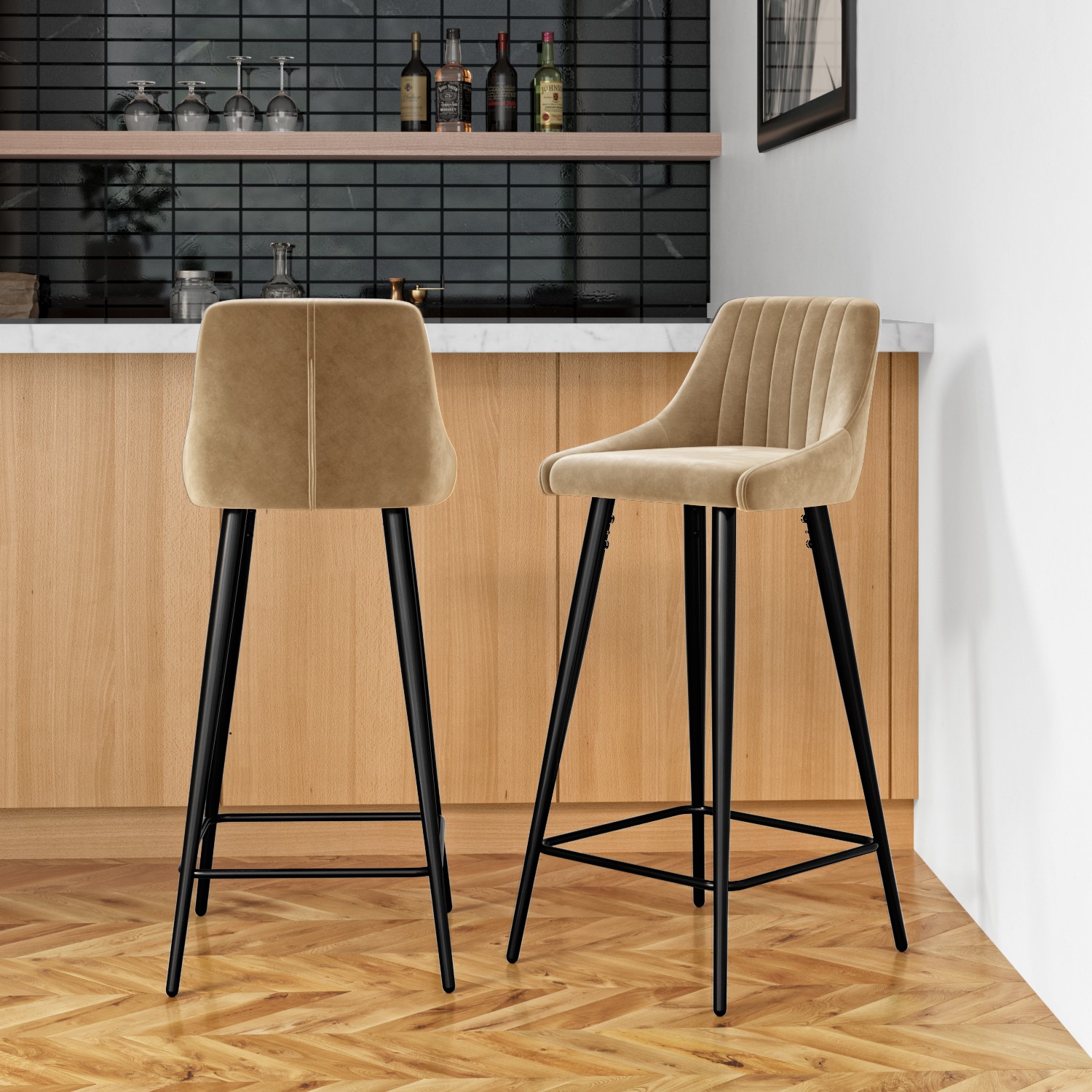 Set of 2 Beige Velvet Bar Stools with Backs - Macie - Furniture123