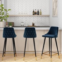 Set of 3 Navy Blue Velvet Bar Stools with Backs - Maddy