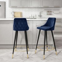 Grade A1 - Set of 2 Navy Blue Velvet Kitchen Stools with Backs - Maddy