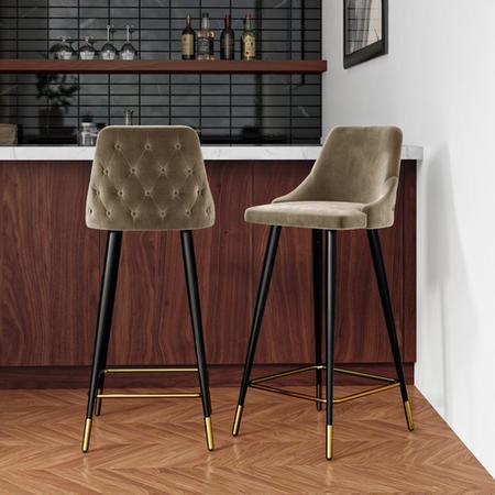 Set of 2 Beige Velvet Bar Stools with Backs - Maddy - Furniture123