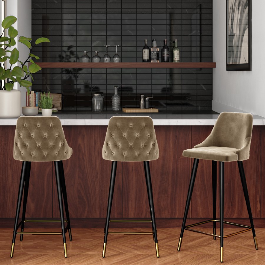 Grade A1 - Set of 3 Beige Velvet Bar Stools with Backs - Maddy