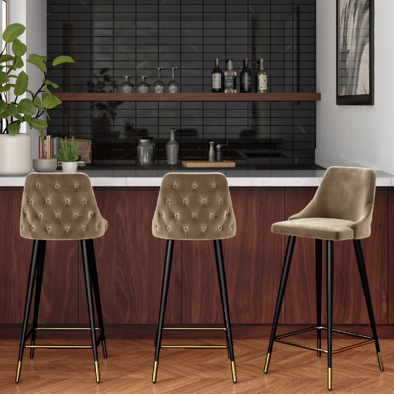 Set of 3 Beige Velvet Bar Stools with Backs - Maddy - Furniture123