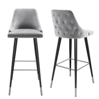 Set of 2 Grey Velvet Bar Stools with Backs - 79 cm - Maddy
