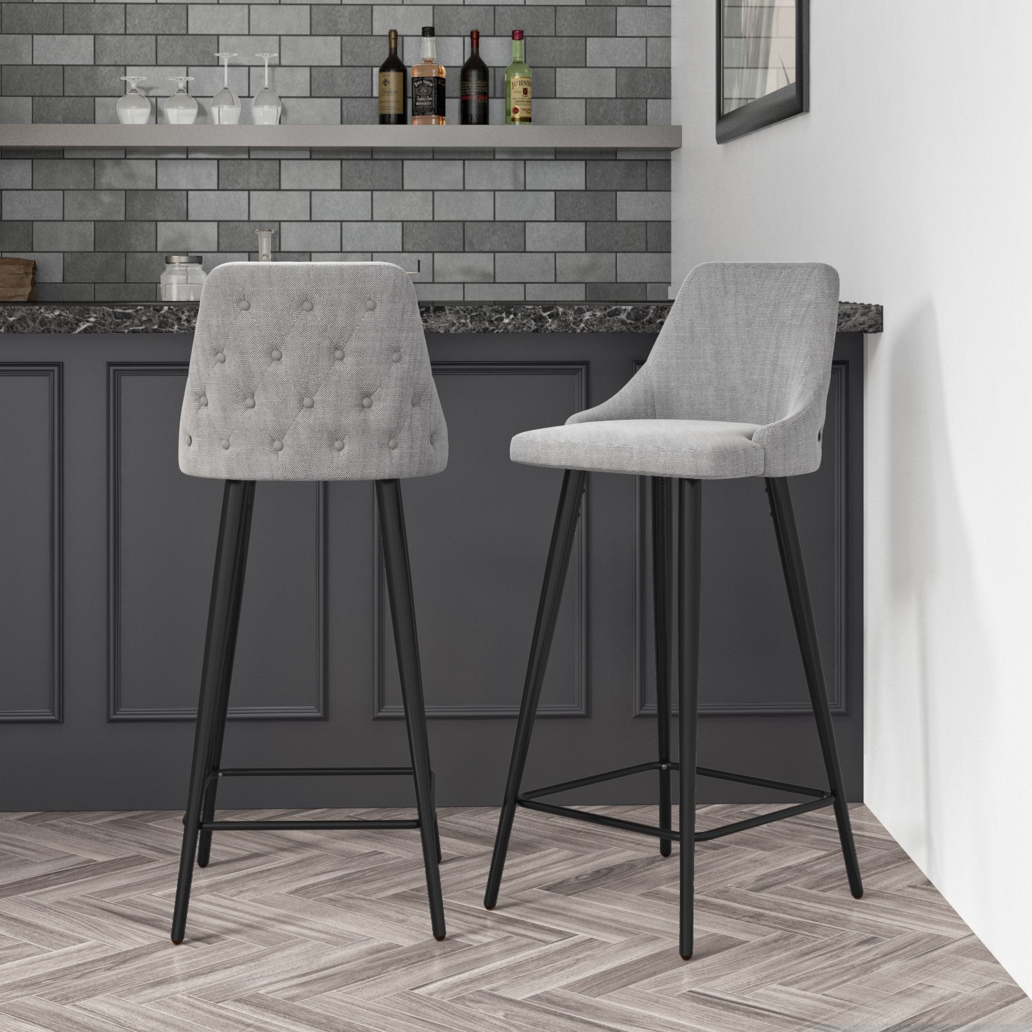 Set of 2 Grey Fabric Bar Stools with Backs - Maddy - Furniture123