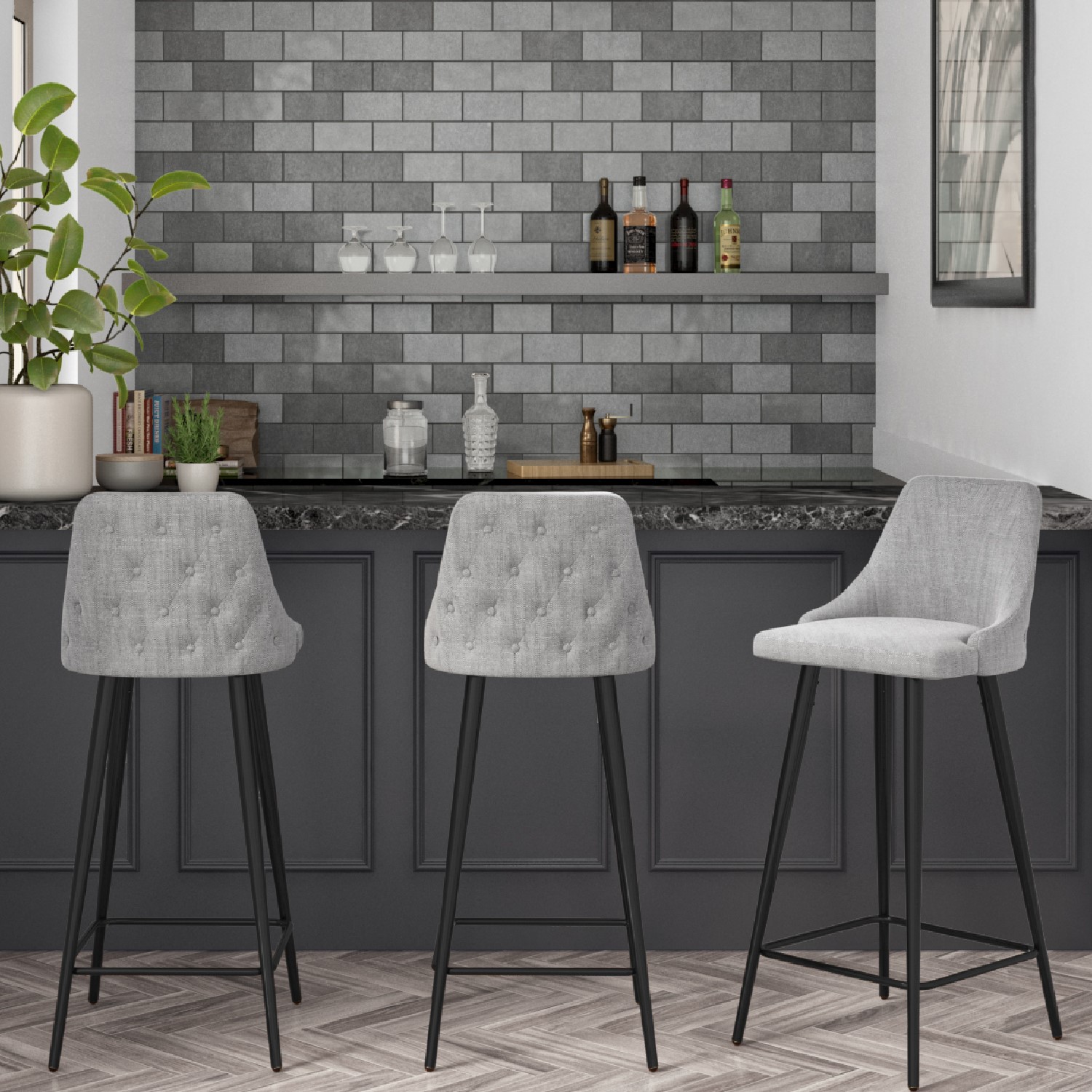 Photo of Set of 3 grey fabric bar stools with backs - maddy
