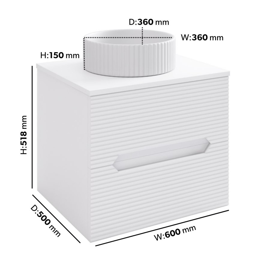 600mm White Fluted Wall Hung Countertop Vanity Unit with Basin - Melbourne 