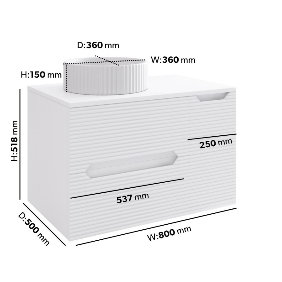 800mm White Fluted Wall Hung Countertop Vanity Unit with Basin – Melbourne