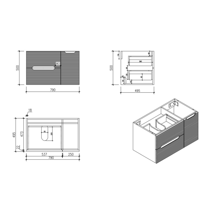 800mm White Fluted Wall Hung Countertop Vanity Unit with Basin - Melbourne