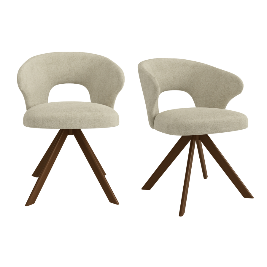 Set of 2 Beige Upholstered Swivel Dining Chairs with Walnut Legs - Mila