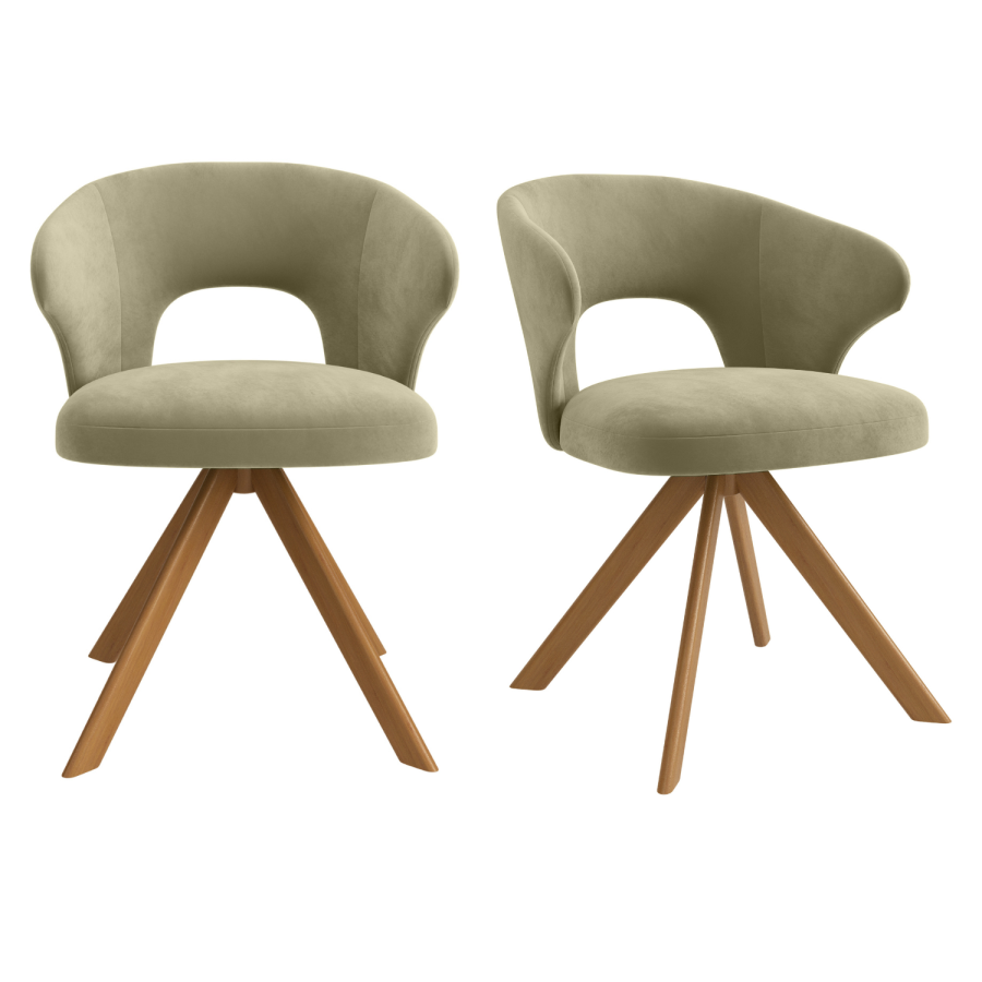 Set of 2 Sage Green Velvet Swivel Dining Chairs with Oak Legs - Mila