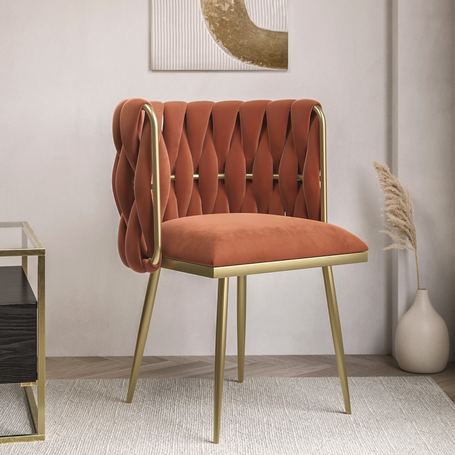 Photo of Orange velvet accent chair with gold legs - malika