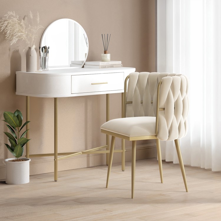 Cream Velvet Dressing Table Chair with Gold Legs - Malika