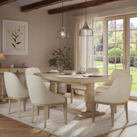 Farmhouse Extending Dining Table Set with 6 Beige Fabric Dining Chairs - Madeline