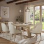Farmhouse Extending Dining Table Set with 6 Beige Fabric Dining Chairs - Madeline