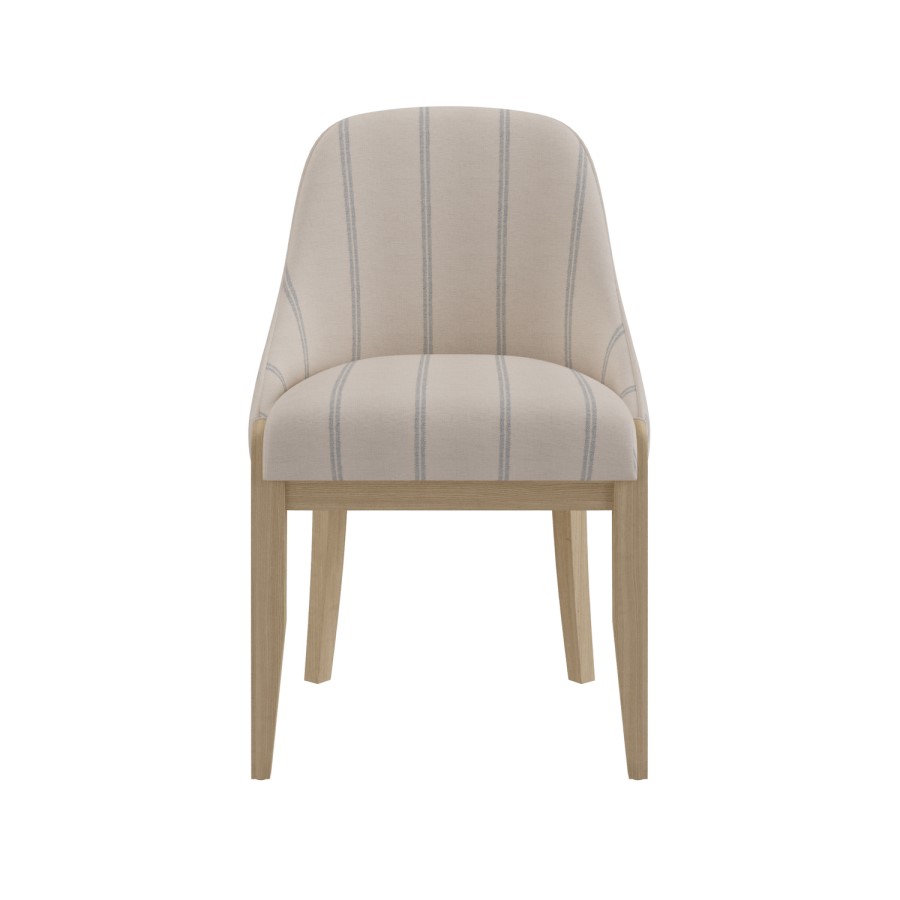 Farmhouse Round Extending Pedestal Dining Table Set with 4 Cream Upholstered Blue Striped Dining Chairs - Madeline
