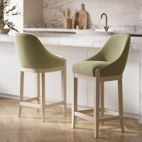 Set of 2 Sage Green Velvet Kitchen Stools with Solid Wood Legs - Madeline