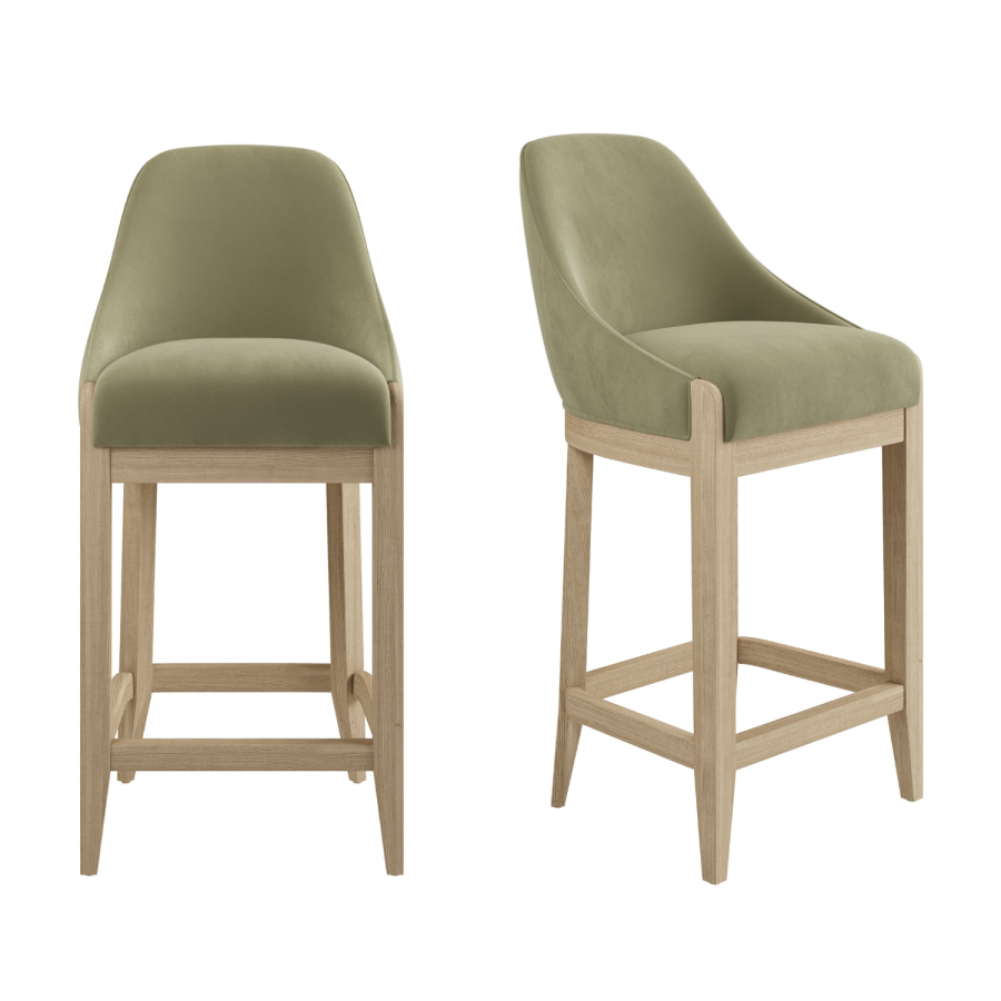 Set of 2 Sage Green Velvet Kitchen Stools with Solid Wood Legs - Madeline