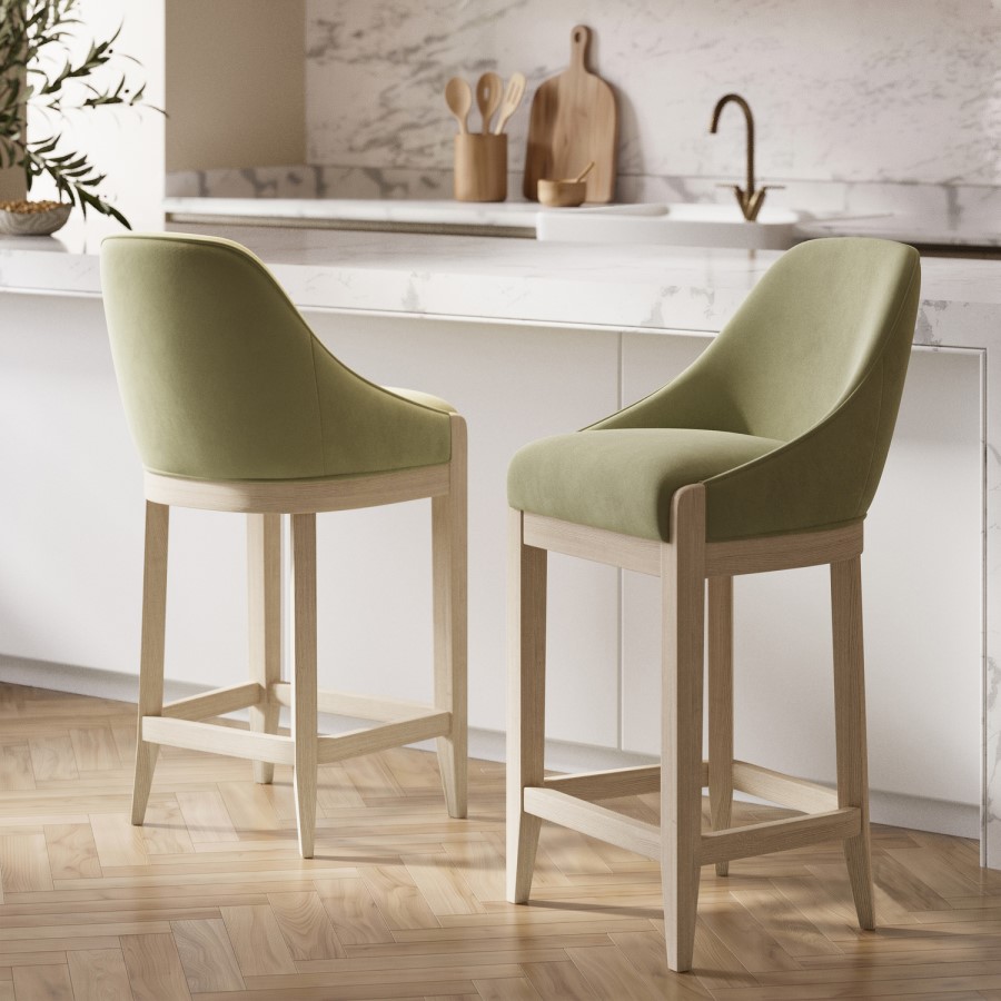 Set of 2 Sage Green Velvet Kitchen Stools with Solid Wood Legs - Madeline