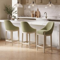 Set of 3 Sage Green Velvet Kitchen Stools with Solid Wood Legs - Madeline
