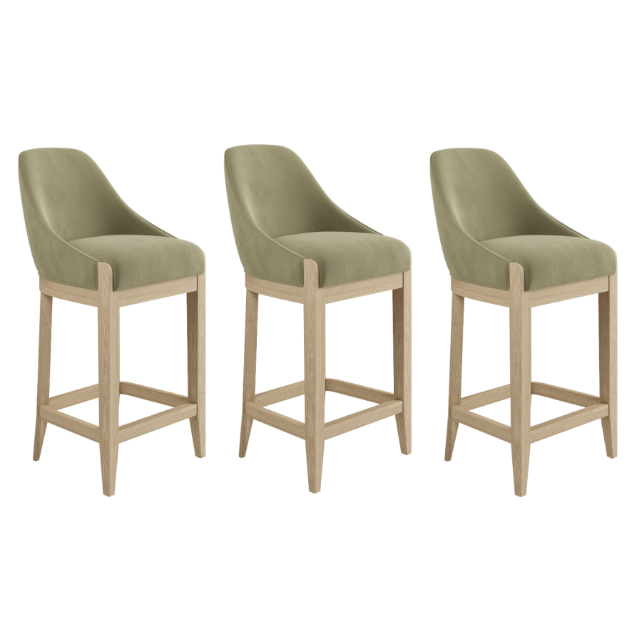 Set of 3 Sage Green Velvet Kitchen Stools with Solid Wood Legs - Madeline