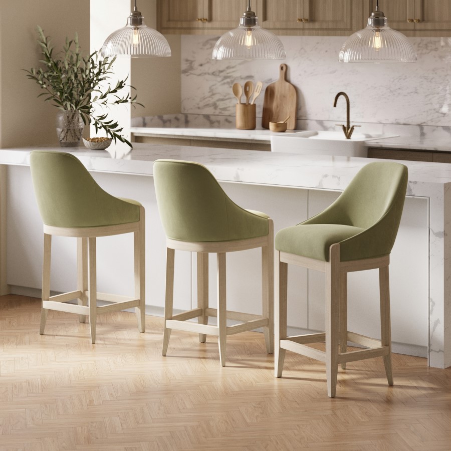 Set of 3 Sage Green Velvet Kitchen Stools with Solid Wood Legs - Madeline