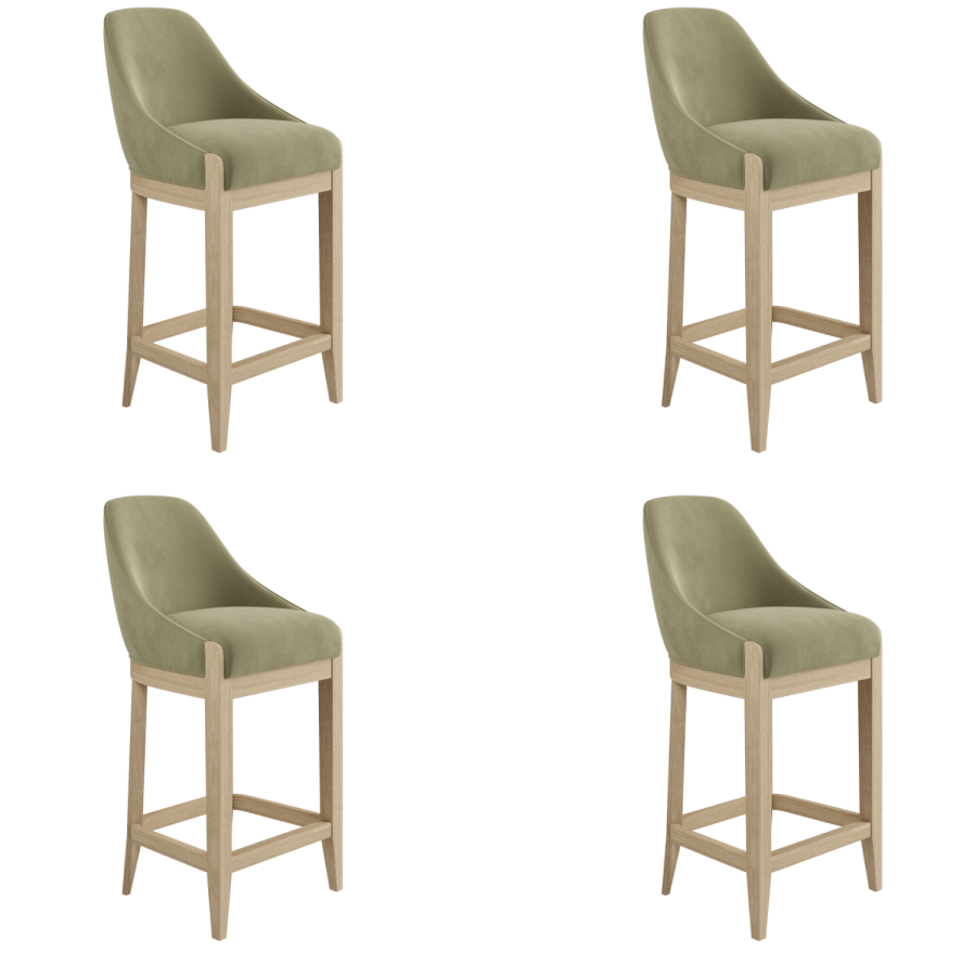 Set of 4 Sage Green Velvet Kitchen Stools with Solid Wood Legs - Madeline
