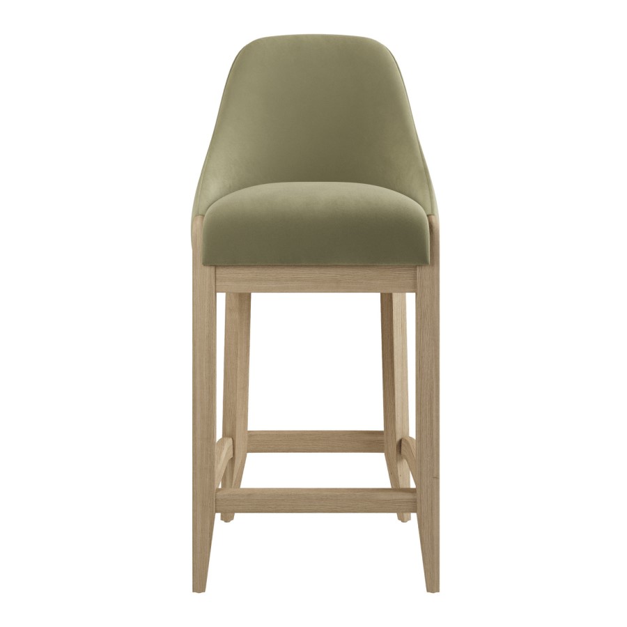 Set of 3 Sage Green Velvet Kitchen Stools with Solid Wood Legs - Madeline