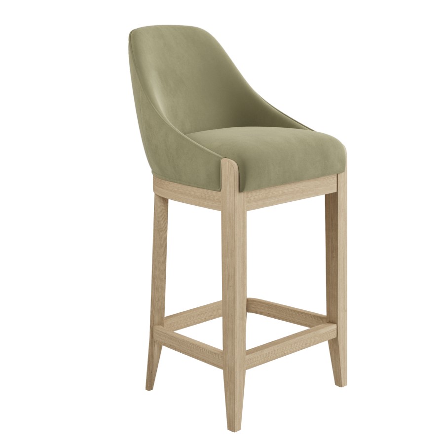 Set of 3 Sage Green Velvet Kitchen Stools with Solid Wood Legs - Madeline