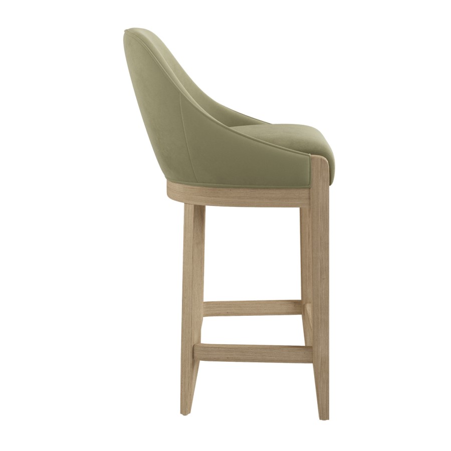 Set of 3 Sage Green Velvet Kitchen Stools with Solid Wood Legs - Madeline